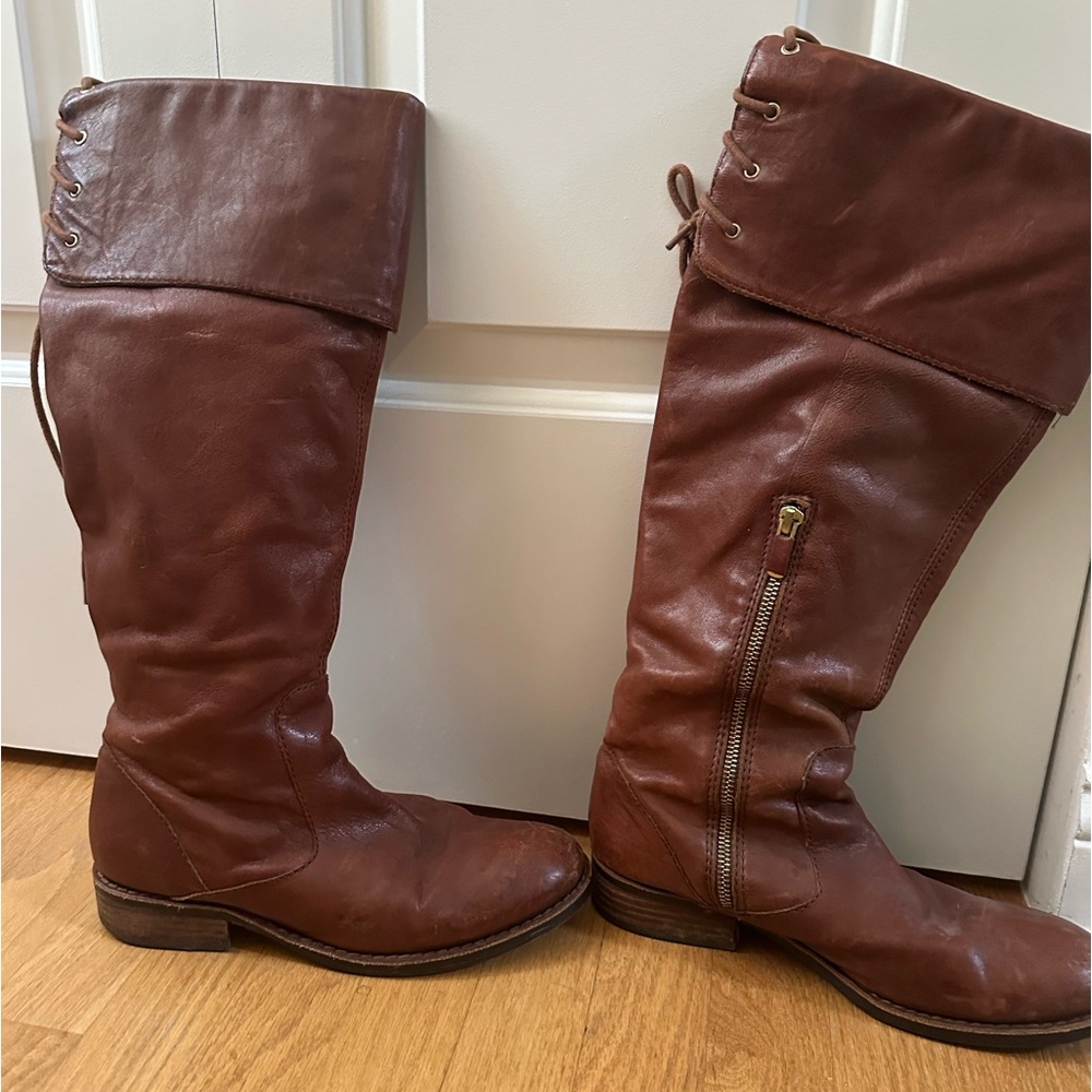 Vince Camuto Premium Leather Knee Hogh String Tie Low Heel Boots Womens Sz. 8